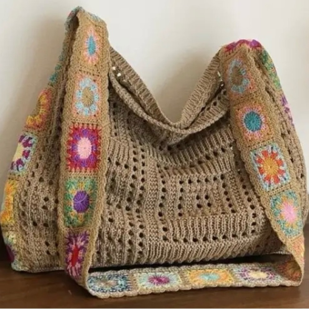 Beige Crochet Shoulder Bag with Colorful Floral Strap